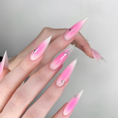 24PCS Ins Style Long Stiletto Wearable Press On Nails Sweet Pink Blush Gradient with Star Patterns Fake Nails Simple Design Nail