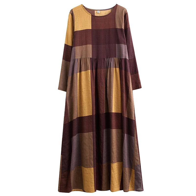 Summer Printed Round Neck Retro with Meat Covering Cotton Linen Dress