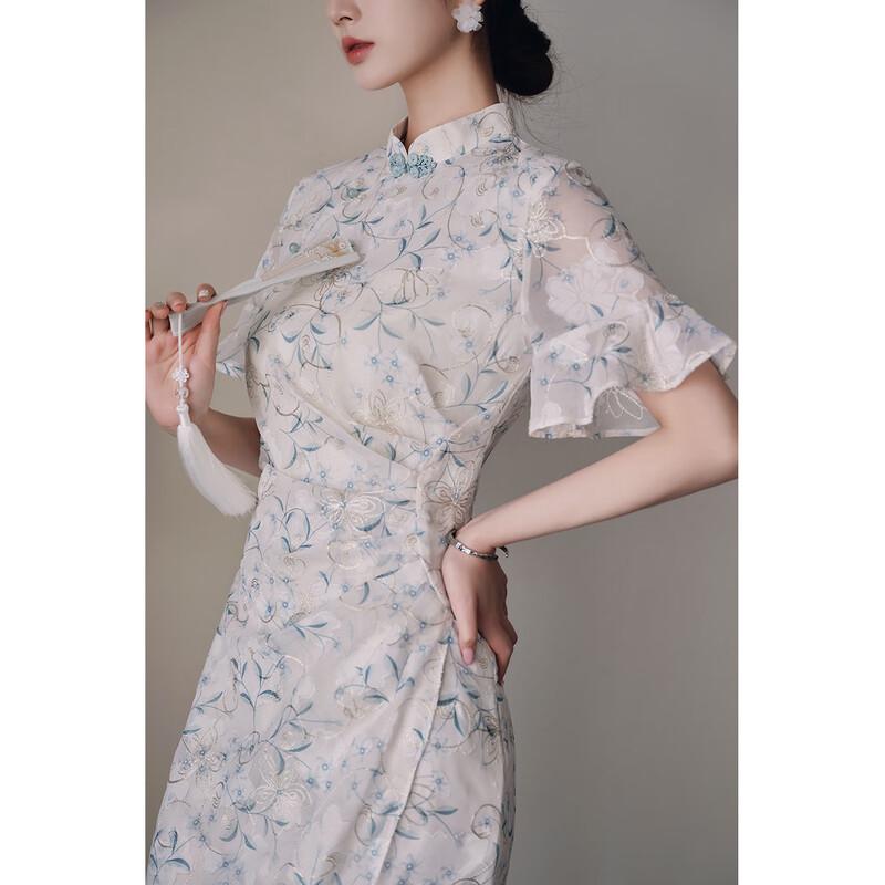 JK&JS New Chinese Style Chiffon Floral Slim Cheongsam Dress