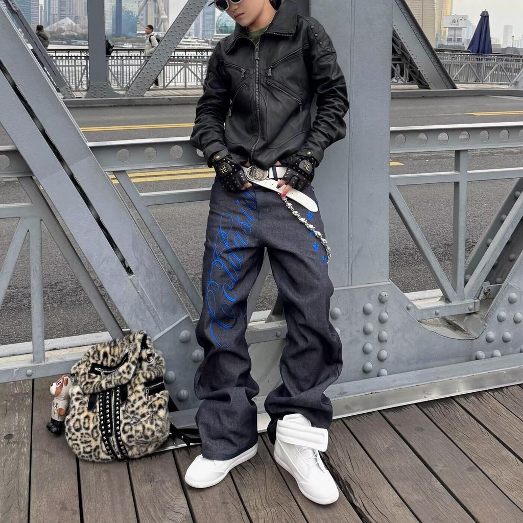 Jeans neri lavaggio americano Cleanfit ricamati uomo e donna trend versatili di nicchia larghi dritti lunghi