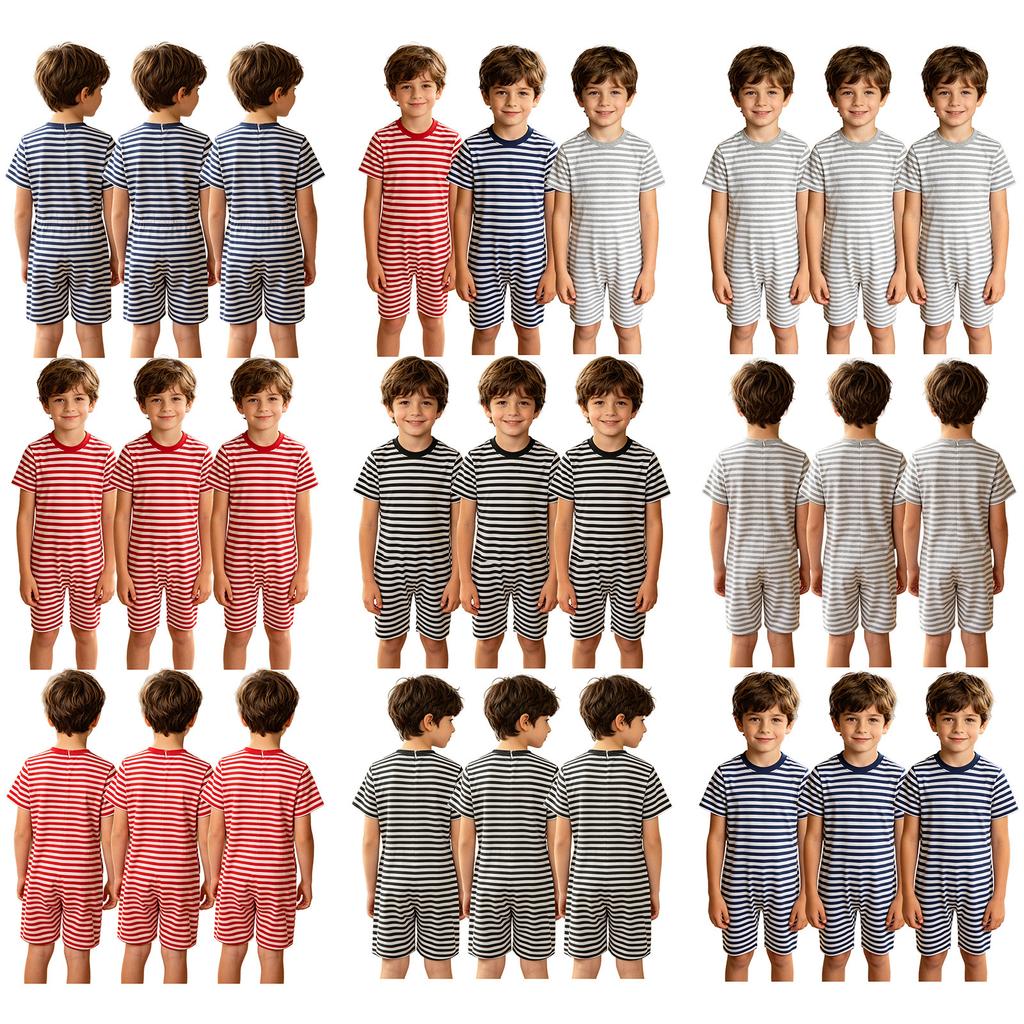 3 Piezas Mono Rayado Adaptativo para Niños Cuello Redondo Manga Corta Longitud hasta el Muslo Espalda Anti-Rayas Cremallera Invisible para Cuidado de Necesidades Especiales