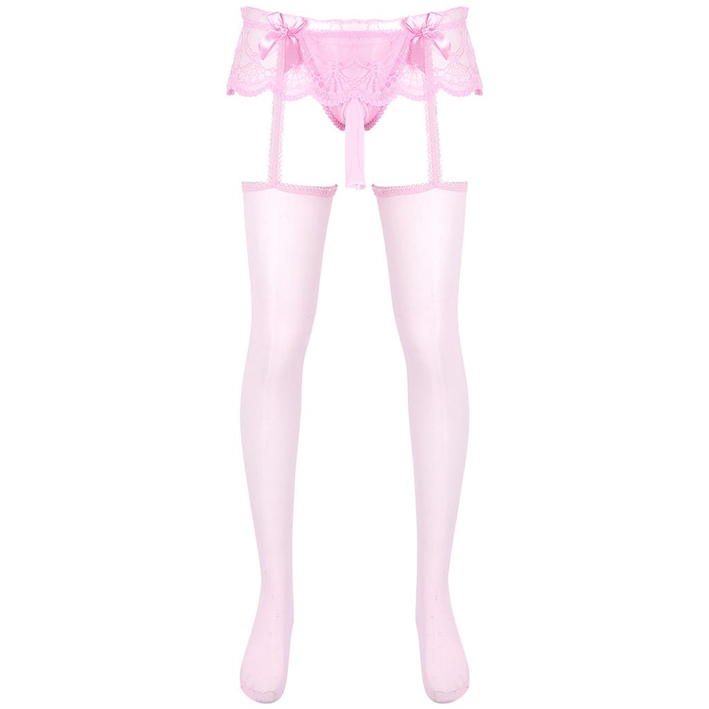 Mens Exotic Sheer Lace Briefs with Stocks Cutout Pantyhose Bulge Pouch G-Strings Glossy Garters Leggings Sissy Nightwears Party