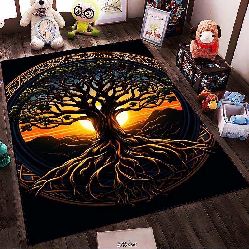 Tree of Life with Sunset Design Non-slip Rug Suitable for Living Room and Bedroom Sofas