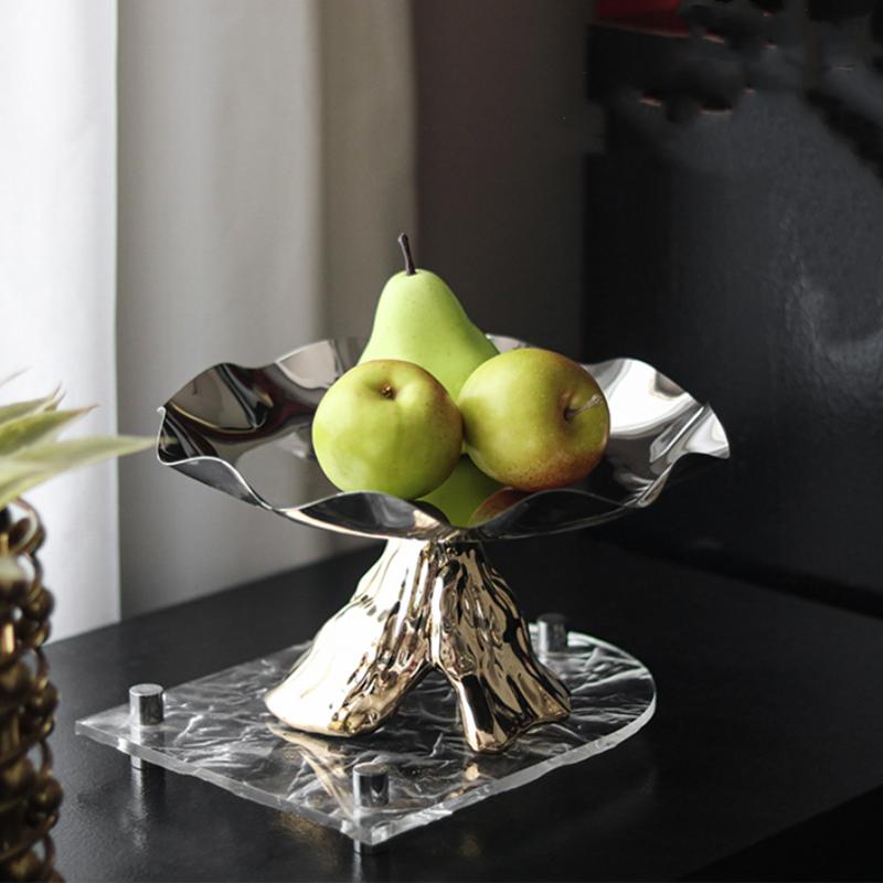 Circular Stainless Steel Storage Tray, Metal Tray, Pleated Wave Art Fruit Tray, Living Room Decoration, Kitchen Organizer