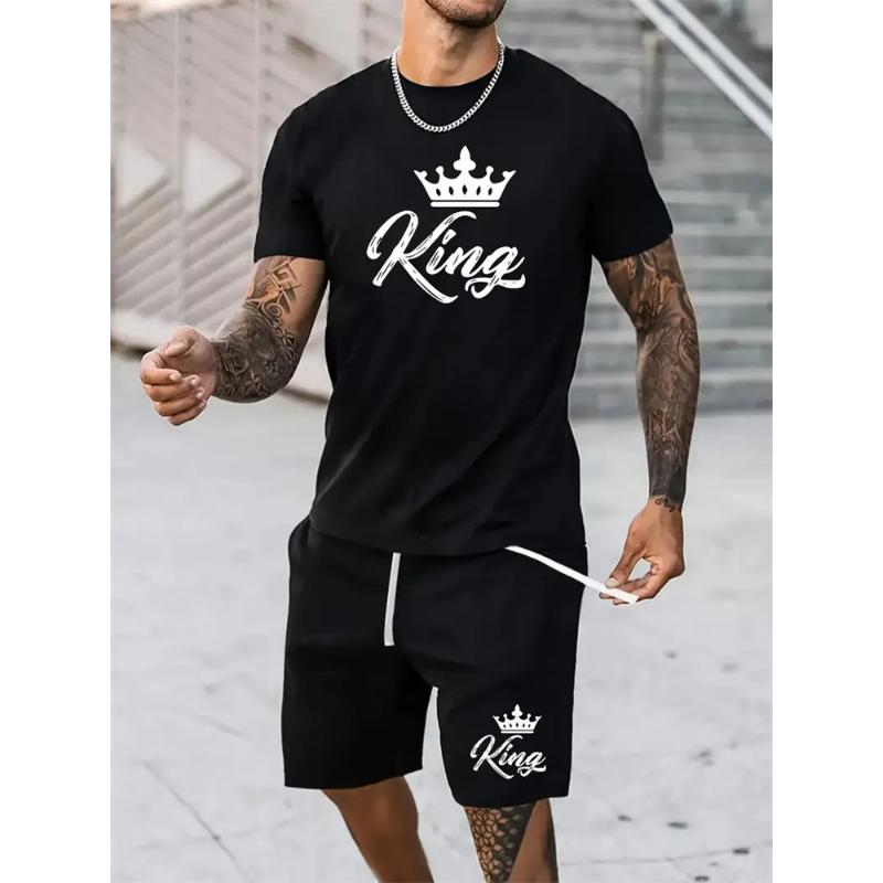 2024 New Summer Shorts Short Sleeve 2 Pieces Fashion Everyday Suit King Letter Print T-Shirt Suit Outdoor Streetwear Sports Suit