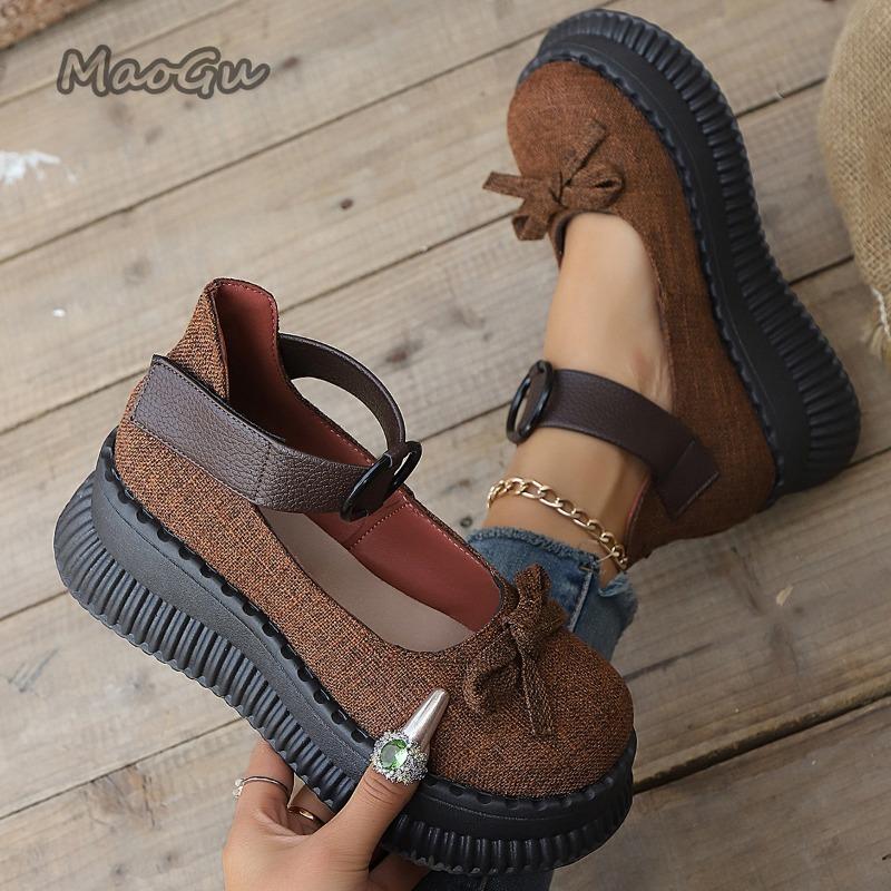 Fashion Thick Sole Shallow Mouth Single Shoes 2025 Autumn New Women's Butterfly Bow Design Round Toed Retro Loafers Fashion Chunky Pumps