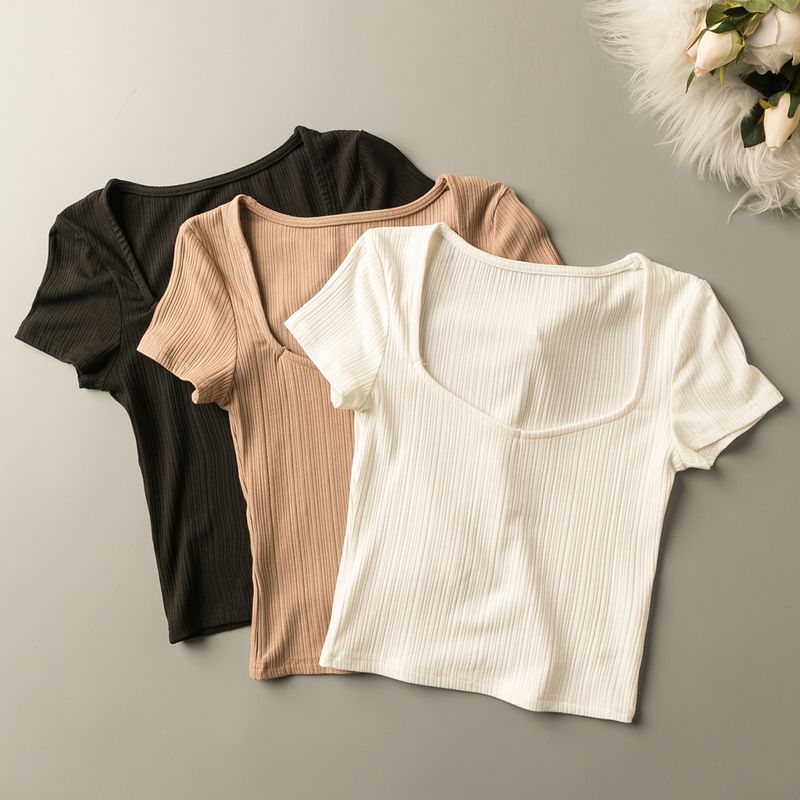 

Spring and Summer Export K-style New Arrival Pure Color All-Match Slim Fit Age-Reducing Short Square Collar Short Sleeve Knitting Pullover Tops Black S