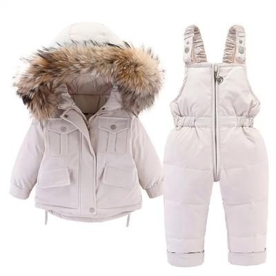 Children's Winter Dress Down Jacket Girl New 2pcs Set Baby Down Jacket and Jumpsuit for Children Thicken Warm Fur Collar Jacket Infant Snowsuit 0-6