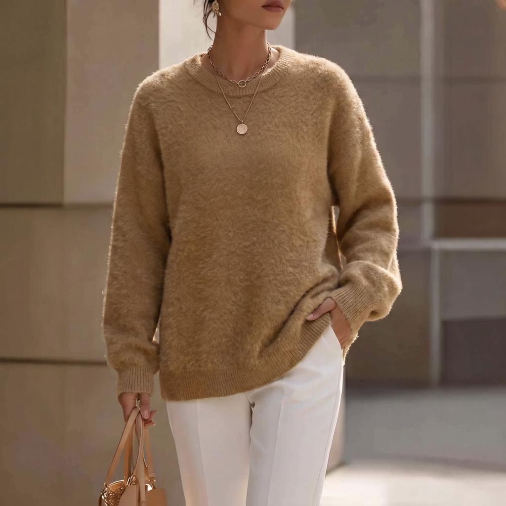 YYFS Women's Fashion Casual Fall Winter Solid Color Print Long Sleeve O-Neck Sweaters