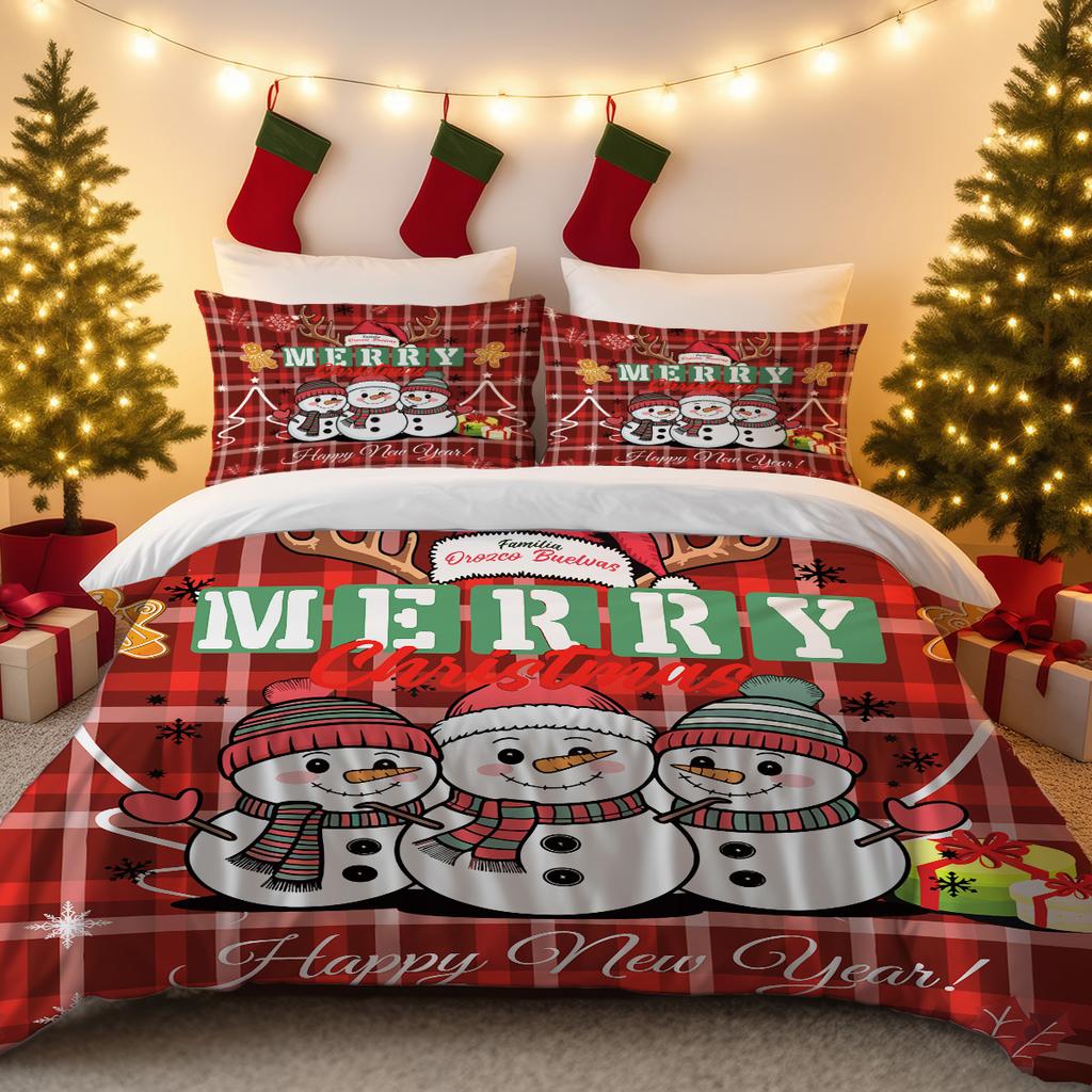 Christmas Bedding Collection - 3PCS Set Red Check Pattern Featuring Snowman Tree and Holiday Elements