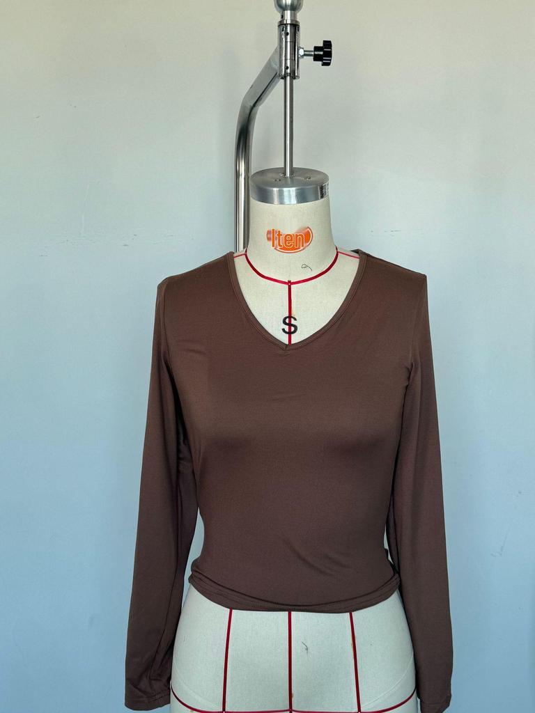 Women's European American V-Neck Slimming Long-Sleeve Bodycon Milk Silk Top