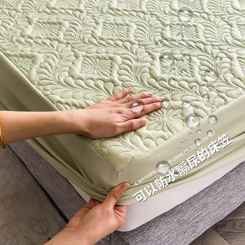Waterproof Solid Color Embossed Mattress Cover Thicken Fitted Sheet Bed Cover for Bedroom Hotel Soft Pad for Bed