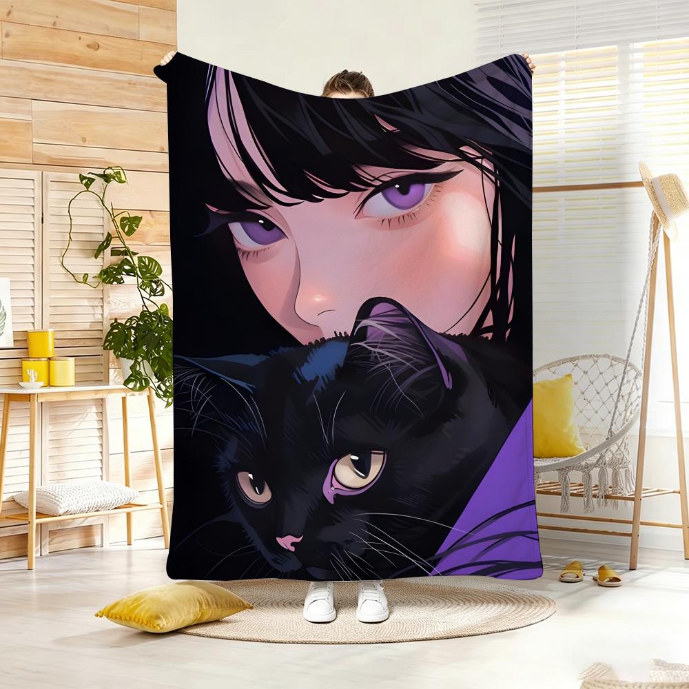 Semi realistic Dark aesthetic cat anime Throw Lightweight 240g Flannel Blanket Soft Skin-friendly for Summer Cooling
