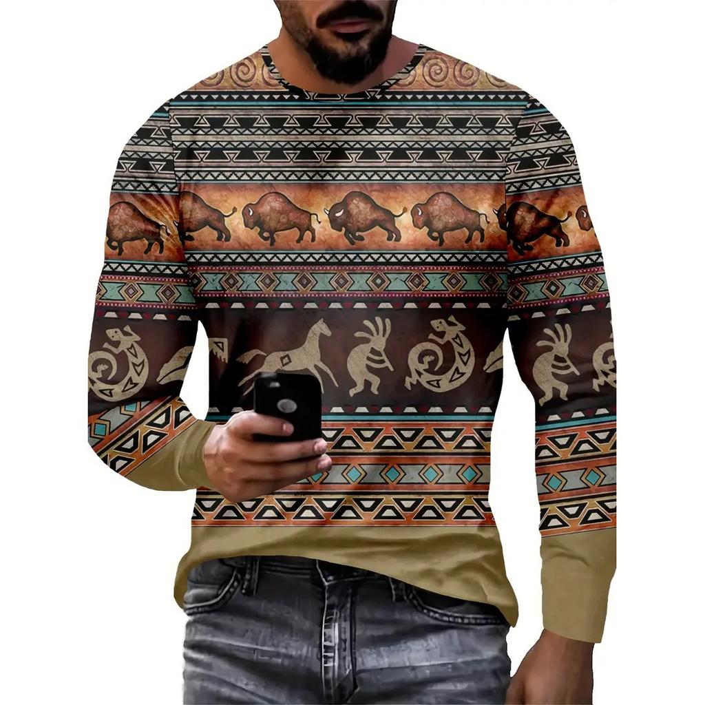 Vintage Herren T-Shirt Grafikdruck Lässig Langarmshirt Männlich Übergroße Kleidung Mode Rundhalsausschnitt Pullover Streetwear