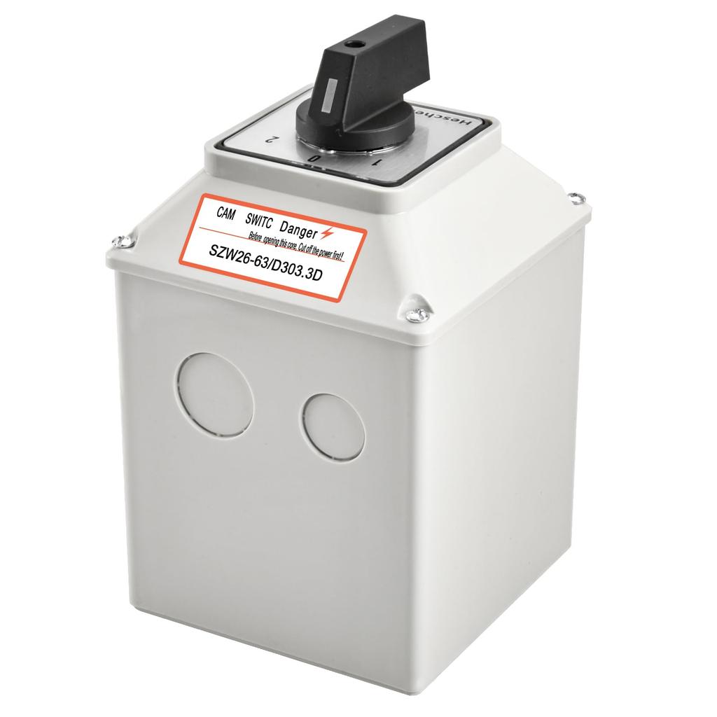 Heschen Universal Rotary Cam Selector Changeover 660V 3 Three Phase 12 with Master Switch Outer Box Switch, SZW26-63/D303.3D, 63A, ON-OFF-ON Position,