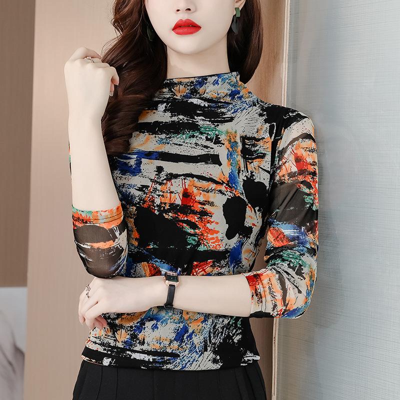 Letters and Color Mesh Top for Women In Autumn and Winter Half Turtleneck Bottoming Shirt Long Sleeves T-shirt Body-beautiful Shirt