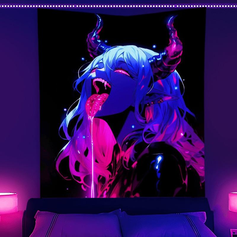Anime Design Neon Tapestry Mysterious Pink Devil Pattern Fluorescent UV Tapestry UV Reaction 100X70CM