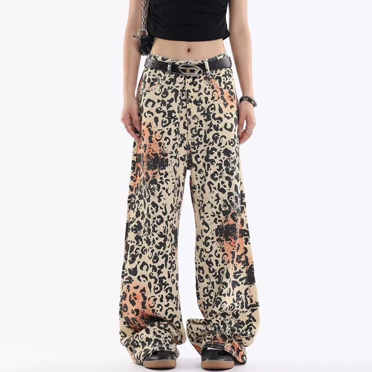 Fancy Style Studio Retro Luipaardprint Wijde Pijpen Jeans voor Dames in Lente- en Zomerdesign Hoge Taille Slim Losse Rechte Broek S