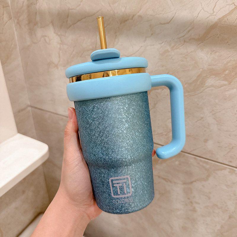 Titanium-Coated Large-Capacity Insulated Cup, Stylish New Model for Men and Women, Gift Straw Cup, High-End Portable Ice Cup with Handle Starlight Blue-Titanium Coated Handle Cup 600ml