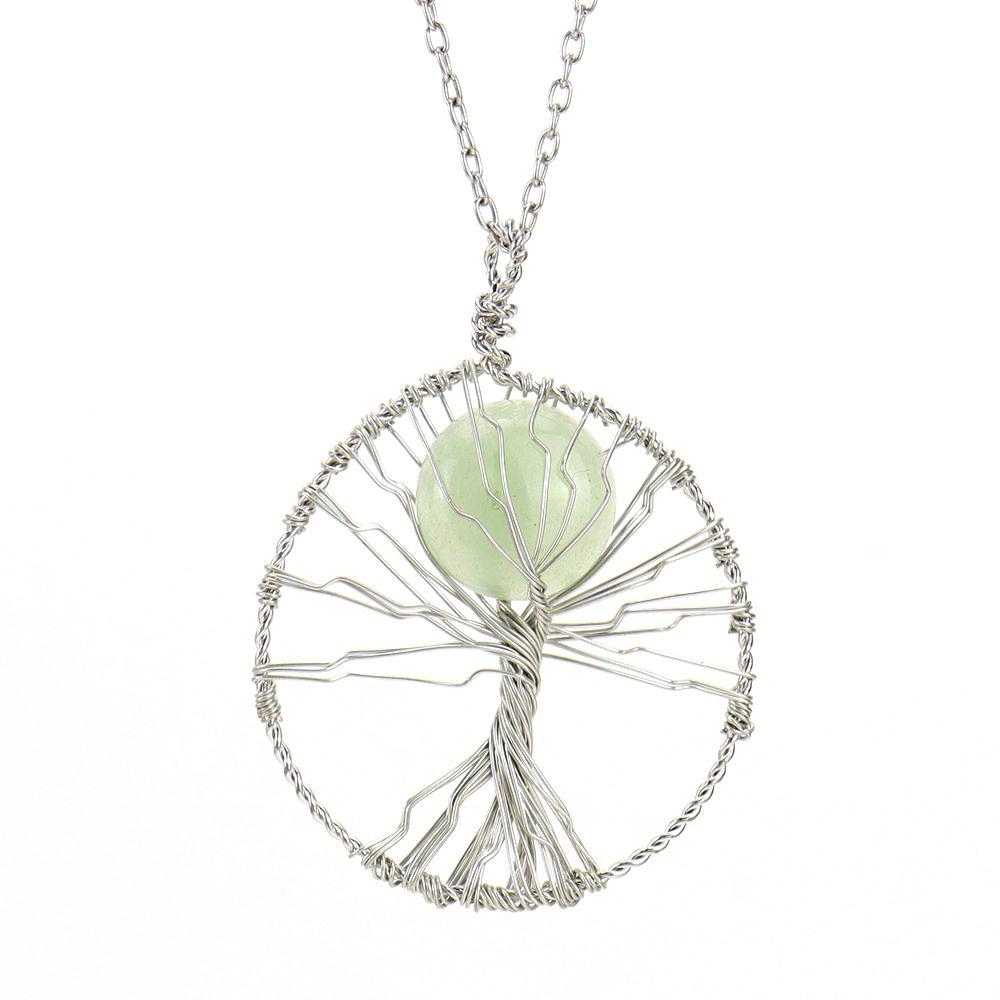 Hand-Wrapped Natural Crystal Agate Disc Tree Of Life Pendant Necklace N116
