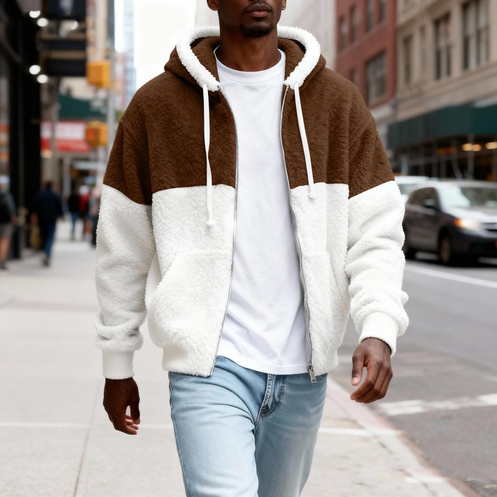 Hanorac cu fermoar pufos pentru bărbați Jachetă de pluș cu fermoar cu glugă pentru