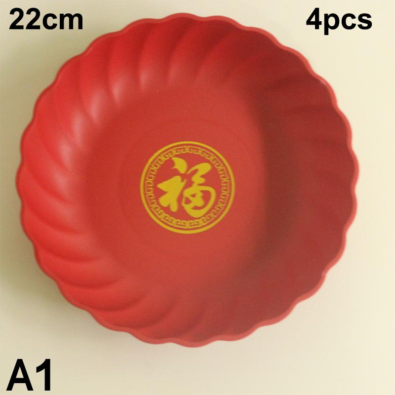 4Pcs Red Wedding Snack Tray Round Plastic Chinese  Year Nut Fruit Plate Chinese Thickened Serving Tray Entertainment