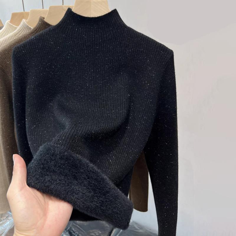 Ladies Winter Fleece Lined Thermal Long Sleeve Slim Fit Basic Solid Color Pullover Knitted Warm T Shirt Top for Layering