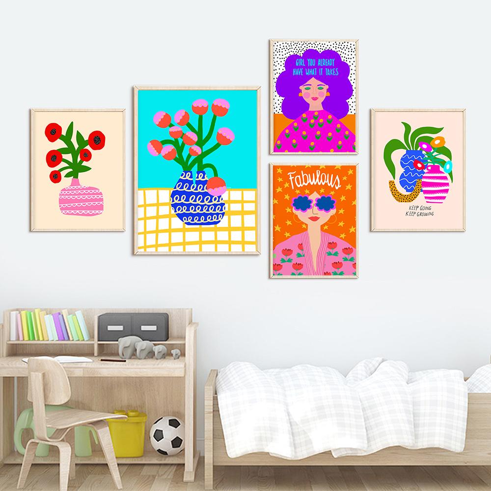 Colorful Boho Living Room Home Decor Positive Kind Girl Quote Poster Picture Wall Art Print Abstract Pink Flower Canvas Painting