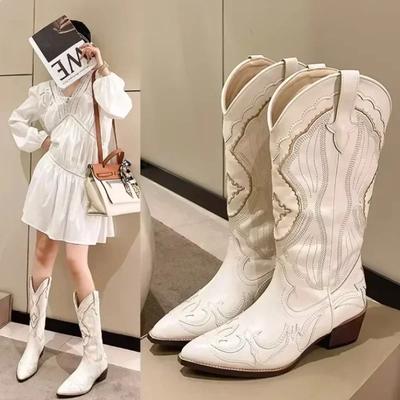 Fashion Women's Embroidered Western Mid Calf Boots Cowboy Square Heels Boots Pointed Toe Platform Boots Women Western Shoes Plus Size 42