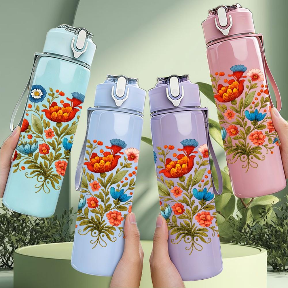 1PC Colorful Wildflower Bouquet 750ml Color Plastic Sports Water Bottle Leakproof Flip Straw Lid Suitable for Sports Office Home Use