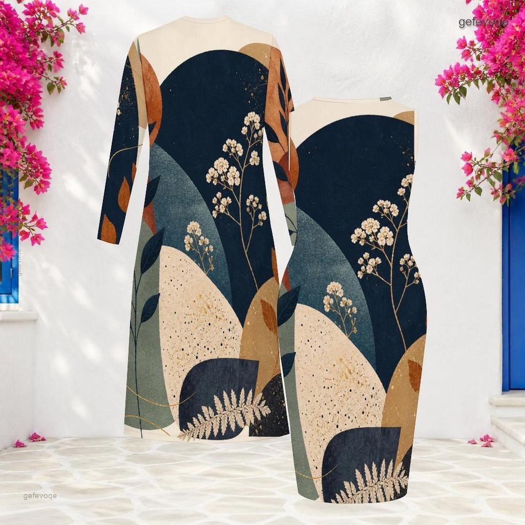 Women Plus Size Two Piece Set Long Sleeve Open Front Cardigan Sleeveless Round Neck Bodycon Printed Dress Blue White Beige