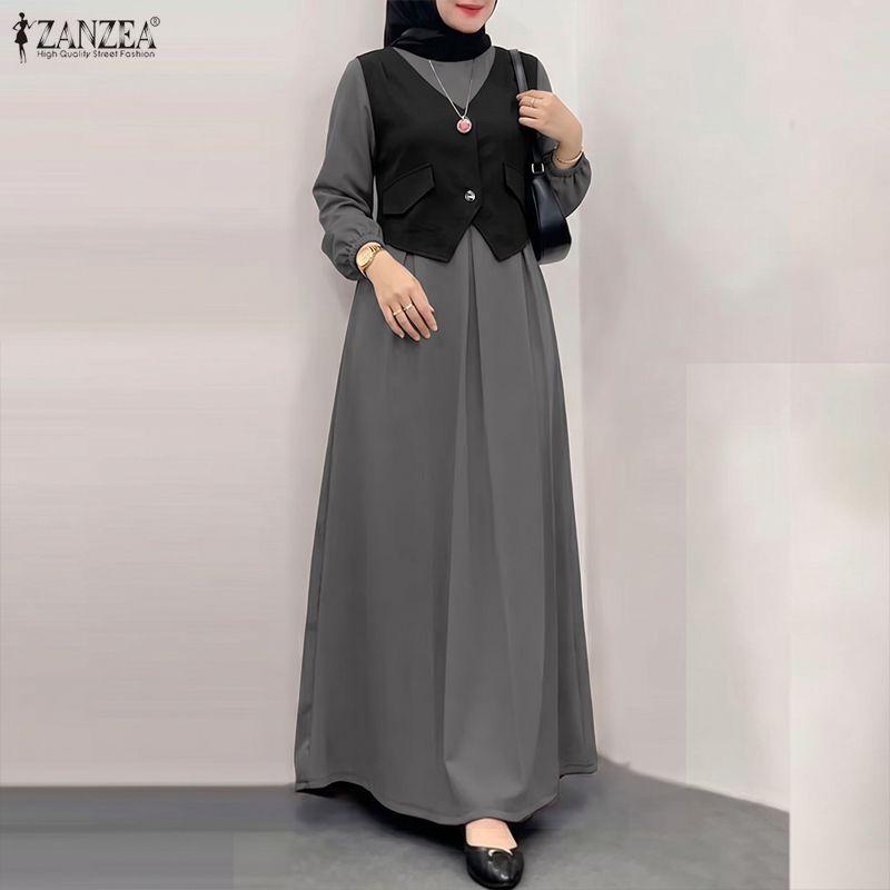 ZANZEA Abito Lungo Casual da Donna Girocollo Maniche Lunghe Largo Patchwork