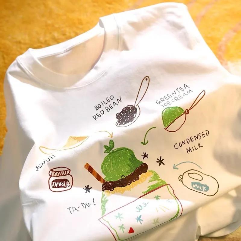 

Мультяшная белая футболка с коротким рукавом женская лето 2024 новая футболка с круглым вырезом топ харадзюку повседневная летняя футболка 4XL