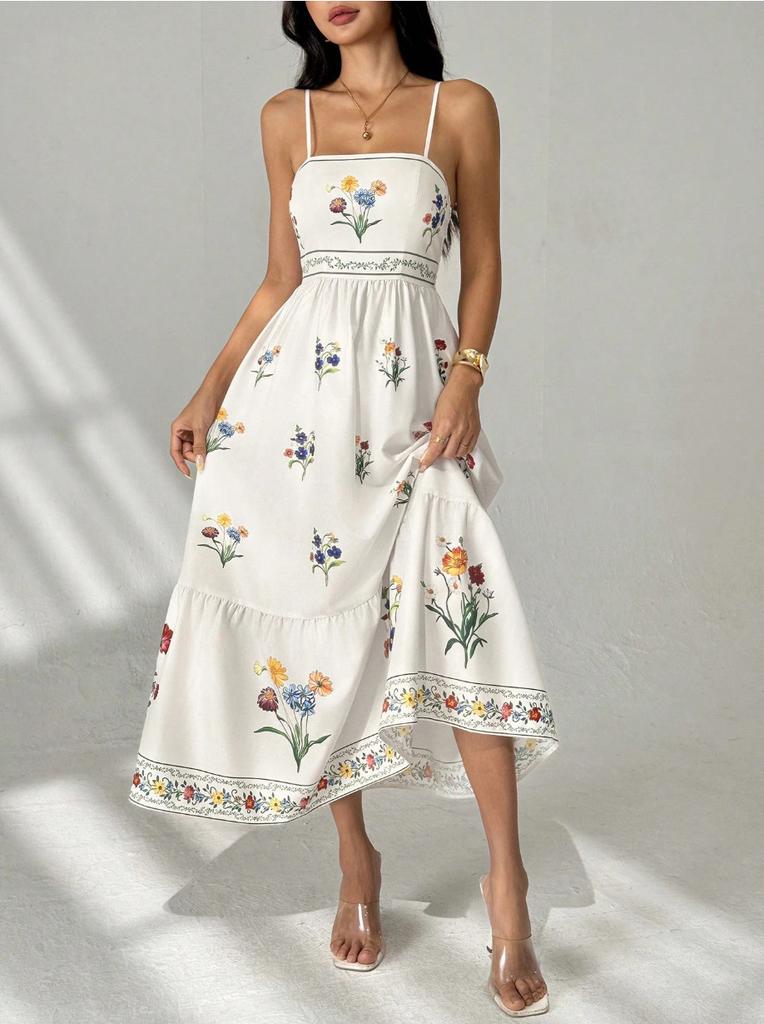 2026 spring and summer sweet romantic French fake style dress, suspender positioning printing waist backless European and American women's clothing