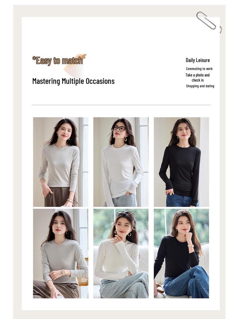 Women's Heavyweight Lyocell Long Sleeve Round Neck T-shirt with Plus Velvet Inner Layer - Slim Fit, Thickened for Autumn/Winter