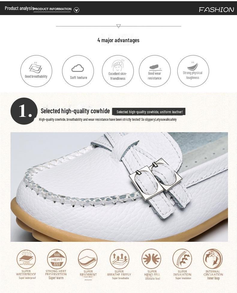 Women's Cowhide Nurse Shoes - Autumn/Winter, White, Casual, Flat Heels, Toe Design, Ideal for Middle-Aged and Elderly.