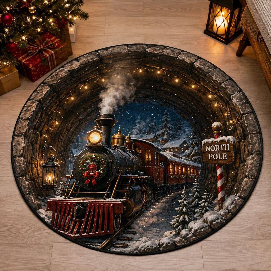 Christmas Cartoon Round Rug Waterresistant Carpet For Living Room Decor