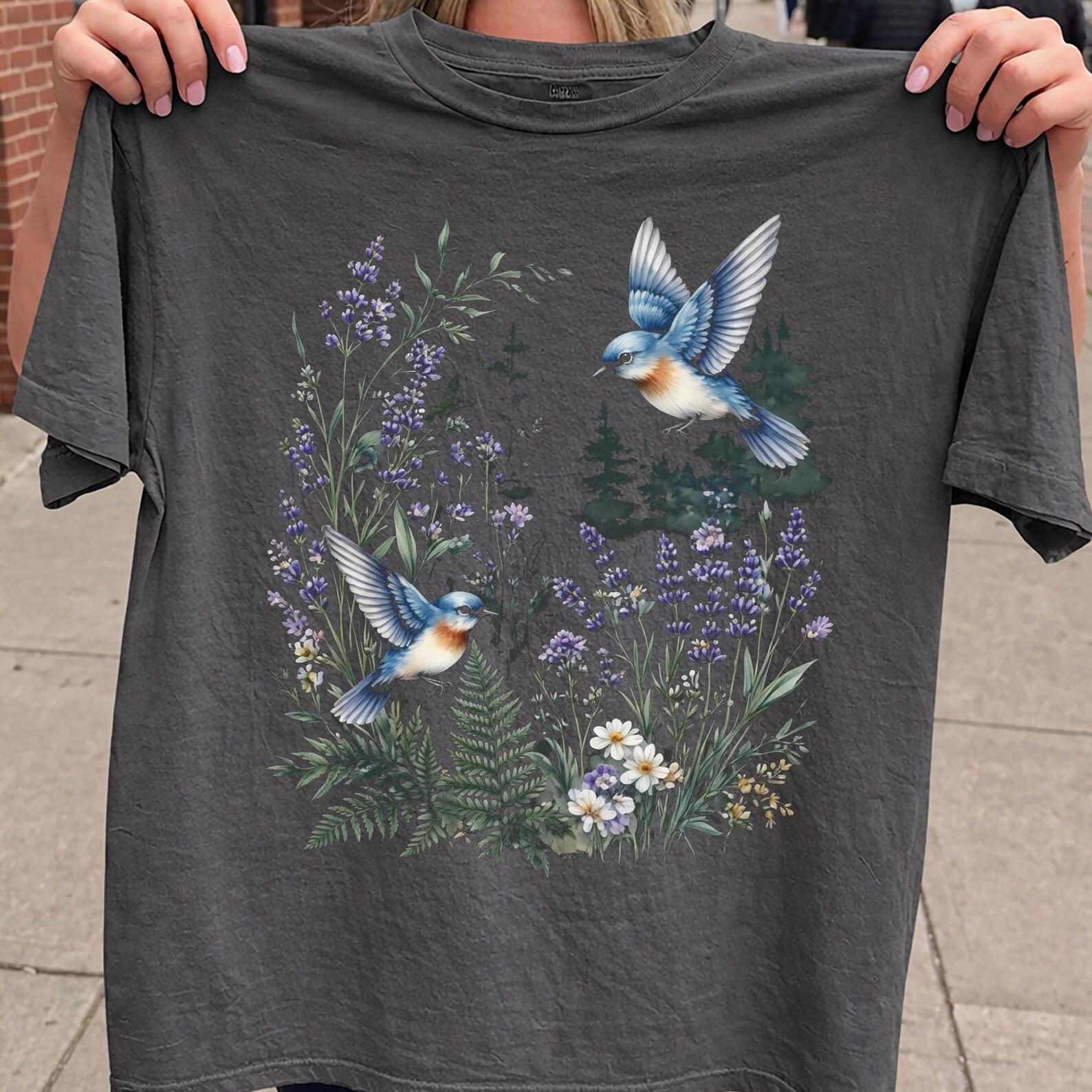Vintage Bluebird Botanical T-Shirt, Cottagecore Lavender Fern Graphic Tee L