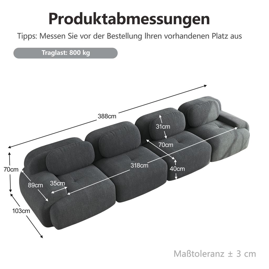 4-Seater Sofa Soft Corduroy, Frameless, 32D High-Elastic Padding, Pet-Friendly, Vacuum-Packed, Combinable, No Assembly for Bedroom and Office, Grey