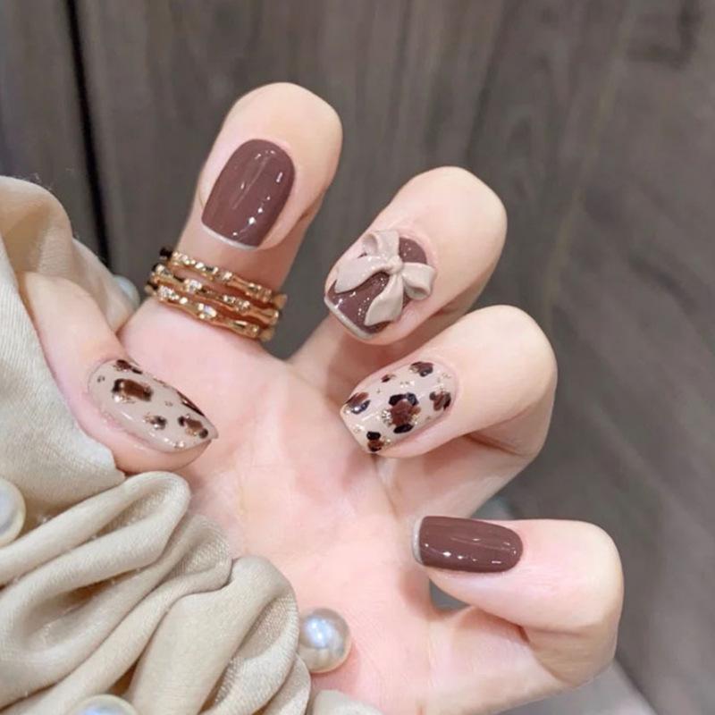 

Leopard Print Bowknot Wearable Nail Tips - Removable Finished Nail Patches