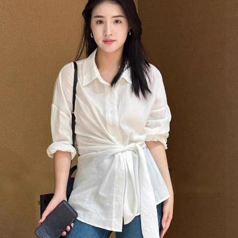 Women's Solid Color Shirt Female Strap Turn-Down Collar Long Sleeves Blouse New Korean Style Versatile Loose Lady Top