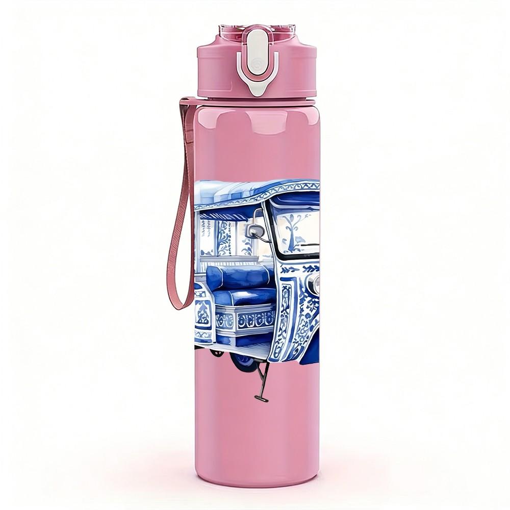 1PC Vintage Blue Truck Retro Pattern 750ml Color Plastic Sports Water Bottle Leakproof Flip Straw Lid Suitable for Sports Office Home Use