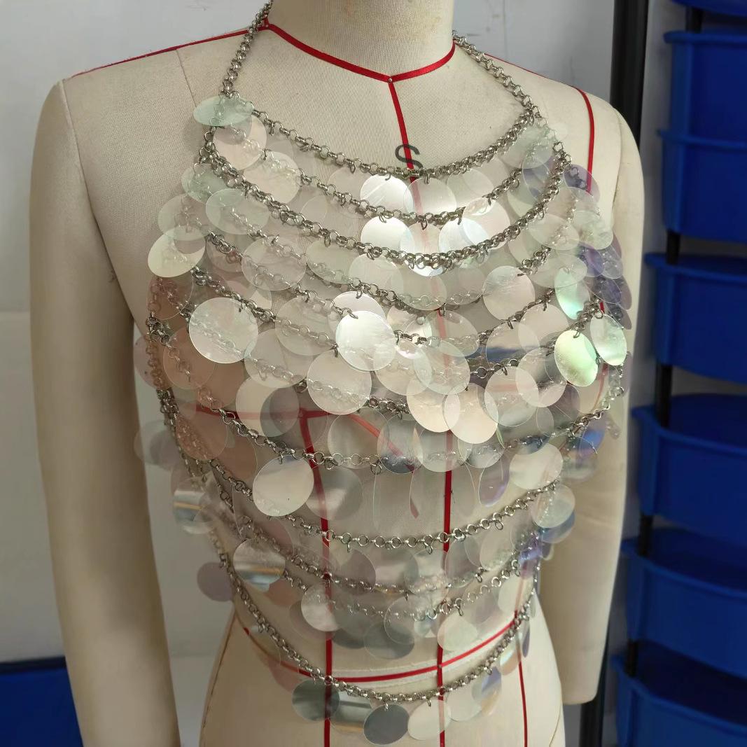 

Европейский и американский женский жилет-бодичейн с ручной вышивкой пайетками One Size серебряный