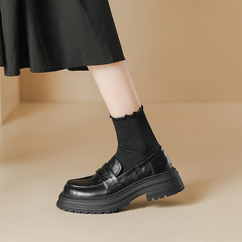 Thick-soled British Style Round-toe Single Shoes for Women's New Spring and Summer Pedals with One Foot and Grabbing Sheepskin Retro Thick Heels Shoes