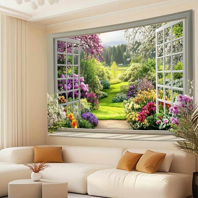 2D flat 1pc spring garden landscape polyester banner, through the window, perfect living room decoration and room decoration