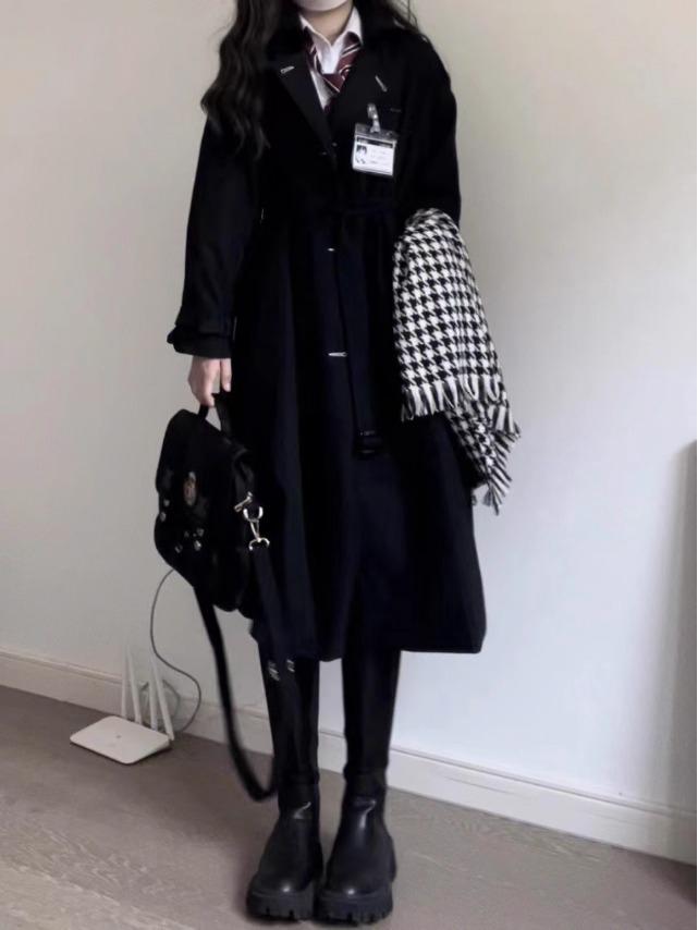 Women's Black Mid-Length Trench Coat - 2023 Spring/Autumn, School Uniform JK Korean Style, Petite Fit.