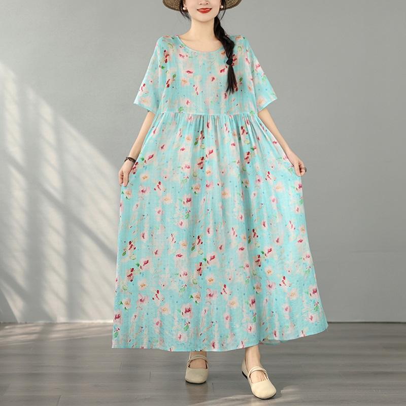 Short Sleeve Plus Size Cotton Vintage Floral New In Dresses for Women Casual Loose Long Summer Dress