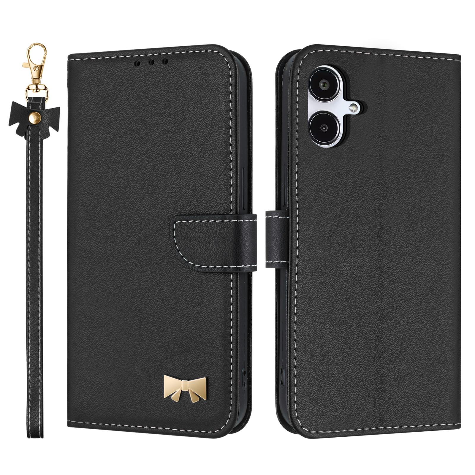 

For Samsung Galaxy A07/A06 4G/5G Case Bowknot Decor Wallet Leather Phone Cover with Wrist Strap Black