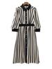2025 Winter Stripe Print Lapel Shirt Dress for Women - Elegant European & American Style, Waist-Cinching Design