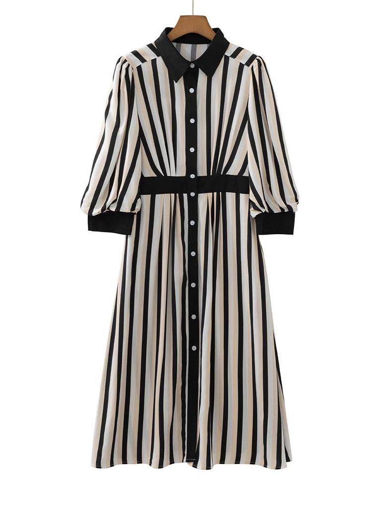 2025 Winter Stripe Print Lapel Shirt Dress for Women - Elegant European & American Style, Waist-Cinching Design